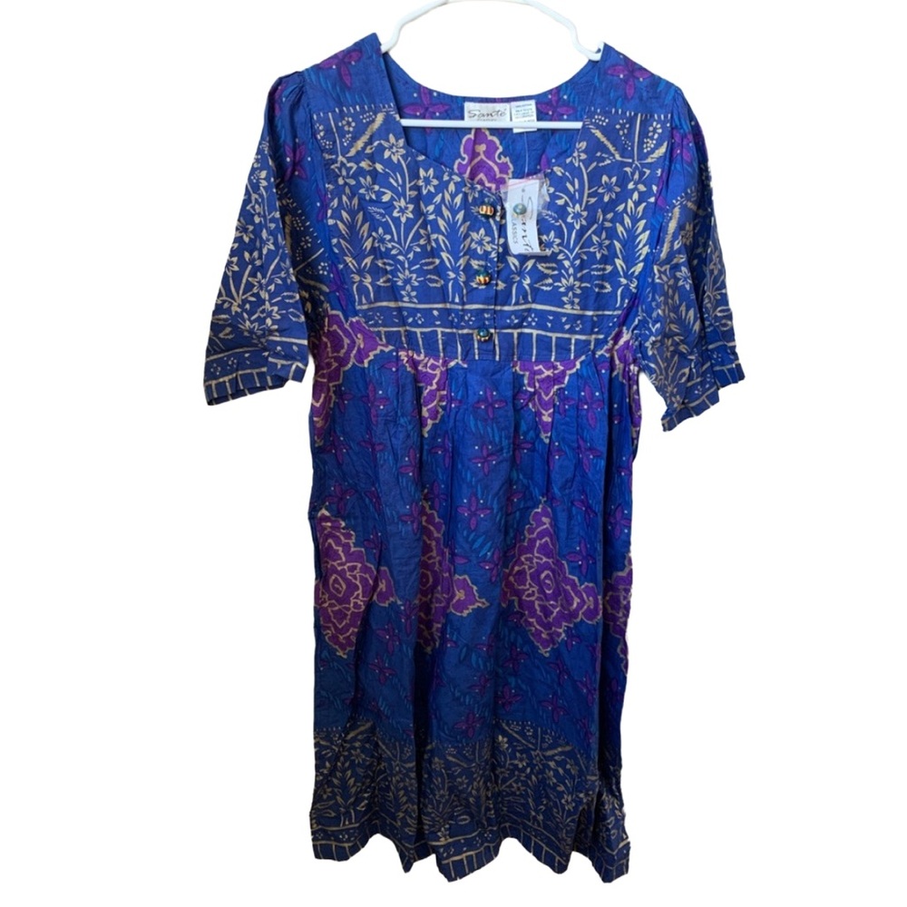 SANTE Women’s Blue Purple Gold Print Half Sleeve Cotton Midi Dress
